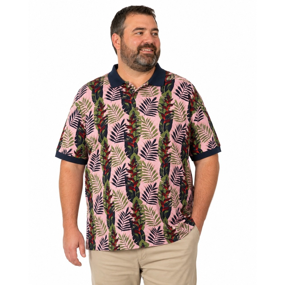 Natural Issue Tropical Floral Palm Leaf Polo Shirt Pink Green Cotton | Mens XXL